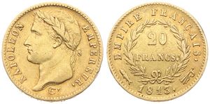 France, First Empire, Napoleon, 20 Francs Gold 1813 Flag, Laureate head left, KM 695.11 Utrecht, VF (*)
