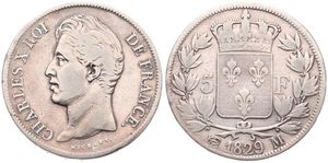 France, Second Kingdom, Charles X, 5 Francs Silver 1829M, Head left / Crowned arms and value within wreath, KM 728.9 Toulouse, Fine