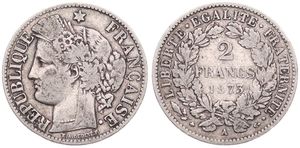 France, Republic, 2 Francs Silver 1873A, Laureate head left, KM 817.1 (Paris), SCARCER DATE, VF