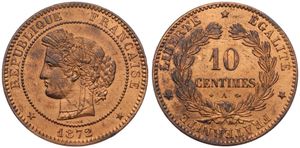 France, Republic, 10 Centimes Bronze 1872A, Laureate head left within beaded circle, KM 815.1 (Paris), XF
