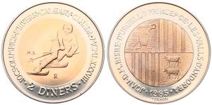Andorra, Principality, 2 Diners Bi-Metallic 1985, Winter Olympics - Skier, KM 27, B.UNC