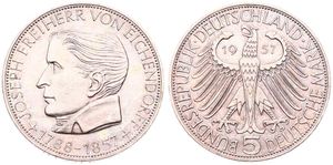 Germany, Federal Republic, 5 Mark Silver 1957J, Centenary of the death of Joseph Freiherr von Eichendorff, KM 117, XF