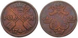 Sweden, Kingdom, Frederick I, 1 Ore Copper 1749, Crowned Monogram, KM 416.1, F/VF