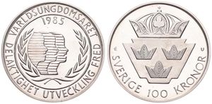 Sweden, Kingdom, Carl XVI Gustaf, 100 Kronor Silver 1985, International Youth Year, KM 864, UNC