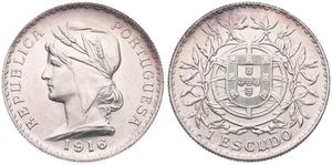 Portugal, Republic, 1 Escudo Silver 1916, Liberty head left, KM 564, UNC-
