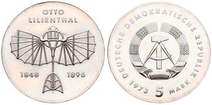 Germany, Democratic Republic, 5 Mark Copper-Nickel 1973, 125th Anniversary of the Birth of Otto Lilienthal, KM 43, UNC