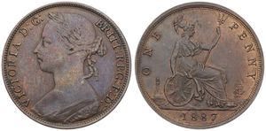 Great Britain, Kingdom, Victoria, 1 Penny Bronze 1887, Laureate and draped bust left, KM 755, A.XF