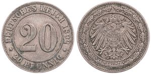 Germany, Empire, Wilhelm II, 20 Pfennig Copper-Nickel 1892F, Crowned imperial eagle within beaded circle, KM 13, VF