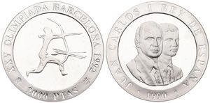 Spain, Kingdom, Juan Carlos I, 2000 Pesetas Silver 1990, Olympics - Archer, KM 861, PROOF