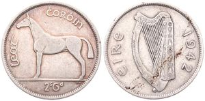 Ireland, Republic, 1/2 Crown Silver 1942, Horse left, KM 16, SCARCE KEY DATE, VF