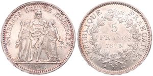 France, Republic, 5 Francs Silver 1873A, Hercules Group, KM 820.1 (Paris), A.UNC