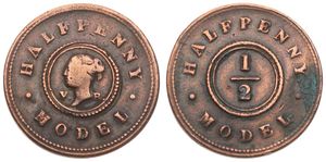 Great Britain, Kingdom, Victoria, 1/2 Penny Model Copper ND (1844), Young head left at center, KM X8, Fine