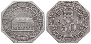 Germany, Emergency Coinage, Hamm, 50 Pfennig Iron 1919, View on the City Hall (Rathaus) within circle / Coat of Arms above value and date within circle, UNC