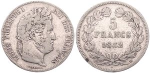France, Second Kingdom, Louis Philippe I, 5 Francs Silver 1832H, Laureate head right, KM 749.5 (La Rochelle), A.VF