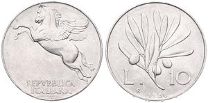 Italy, Republic, 10 Lire Aluminum 1950R, Pegasus - Olive branch, KM 90, A.UNC