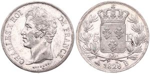 France, Second Kingdom, Charles X, 5 Francs Silver 1828B, Head left, KM 728.2 Rouen, XF
