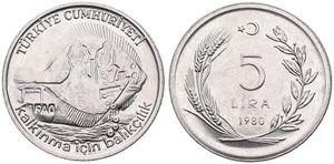 Turkey, Republic, 5 Lira Stainless Steel 1980, F.A.O. - Fisherman within flounder, KM 939, UNC