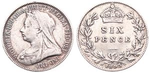 Great Britain, Kingdom, Victoria, 6 Pence Silver 1893, Crowned and veiled bust left, KM 779, VF