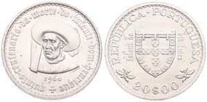 Portugal, Republic, 20 Escudos Silver 1960, 500th Anniversary of the Death of Prince Henry the Navigator, KM 589, UNC