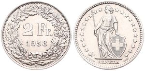 Switzerland, Confederation, 2 Francs Silver 1958, Standing Helvetia, KM 21, UNC