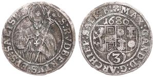 Austrian States, Salzburg, Maximilian Gandolph, 3 Kreuzer Silver 1680, St. Rupert with salt box and crozier within circle, KM 228, VF