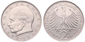 Germany, Federal Republic, 2 Mark Copper-Nickel 1959F, Head of Max Planck left, KM 116, RARE KEY DATE, VF