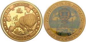 Monaco, Principality, Rainier III, Medal (Ecu) in Bronze 1994, Montgolfier brothers first flight, Multicolor early French hot air balloon / Ancient ships & hot air balloons, PROOF 