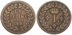 France, Strasbourg Provisional Coinage, 1 Decime Bronze 1815BB, Crowned Monogram of Louis XVIII, KM 701 (Strasbourg), A.VF