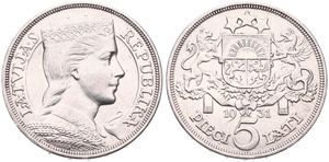 Latvia, First Republic, 5 Lati Silver 1931, Crowned head right, KM 9, Position A, XF
