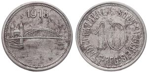 Germany, Emergency Coinage, Bonn-Siegkreis, 10 Pfennig Iron 1918, Date above view of the Rhein Bridge / Denomination surrounded by legend, XF