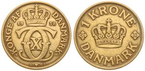 Denmark, Kingdom, Christian X, 1 Krone Aluminum-Bronze 1938, Crowned Monogram, KM 824.2, VF