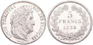 France, Second Kingdom, Louis Philippe I, 5 Francs Silver 1835A, Laureate head right, KM 749.1 Paris, A.UNC !
