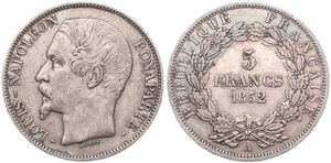 France, Second Republic, Louis-Napoleon Bonaparte, 5 Francs Silver 1852A, Head left, KM 773.1 (Paris), VF