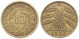 Germany, Weimar Republic, 10 Reichspfennig Aluminum-Bronze 1933A, Denomination within square, oak leaf on each side, KM 40, VF