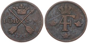 Sweden, Kingdom, Adolf Frederick, 1 Ore Copper 1758, Crowned Monogram, KM 460, F/VF
