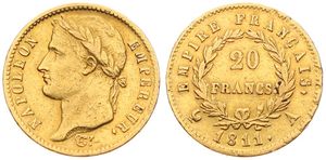 France, First Empire, Napoleon, 20 Francs Gold 1811A, Laureate head left, KM 695.1 Paris, VF (*)