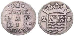 Netherlands, Zeeland Province, 2 Stuivers Silver 1732, Crowned arms of Zeeland, KM 59, Fine