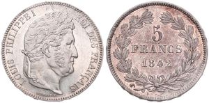 France, Second Kingdom, Louis Philippe I, 5 Francs Silver 1842W, Laureate head right, KM 749.13 (Lille), A.UNC