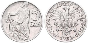 Poland, Peoples Republic, 5 Zlotych Aluminum 1958, Fisherman with net, KM 47, VF