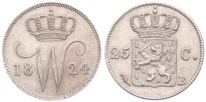 Netherlands, Kingdom, William I, 25 Cents Silver 1824B, Crowned arms, KM 48 Brussels, XF/AU