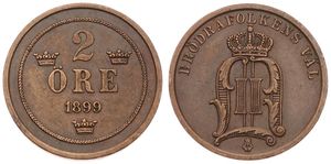 Sweden, Kingdom, Oscar II, 2 Ore Bronze 1899, Crowned Monogram, KM 746, XF