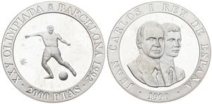 Spain, Kingdom, Juan Carlos I, 2000 Pesetas Silver 1990, Olympics - Soccer player, KM 862, PROOF