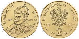 Poland, Republic, 2 Zlote Brass 1998, Bust of Zygmunt III Waza left, KM 336, UNC