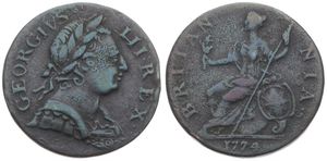 Great Britain, Kingdom, George III, 1/2 Penny Copper 1774, Laureate bust right, KM 601, F/VF