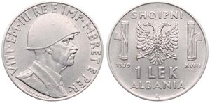 Albania, Italian Occupation WWII, Vittorio Emanuele III, 1 Lek Stainless Steel 1939R, Helmeted head right, KM 31, A.UNC