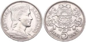 Latvia, First Republic, 5 Lati Silver 1931, Crowned head right, KM 9, Position B, XF