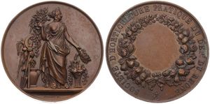 France, Second Republic, Medal in Copper ND (1851) by Pingret & Caque, Société d'horticulture du Rhone, Woman standing flanked by various horticulture objects / Legend around wreath, A.XF