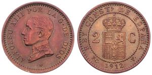 Spain, Kingdom, Alfonso XIII, 2 Centimos Copper 1912, Head left, KM 732, UNC