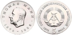 Germany, Democratic Republic, 5 Mark Copper-Nickel 1975, 100th Anniversary of the Birth of Thomas Mann, KM 54, UNC