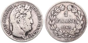 France, Second Kingdom, Louis Philippe I, 1 Franc Silver 1846A, Laureate head right, KM 748.1 (Paris), A.VF
